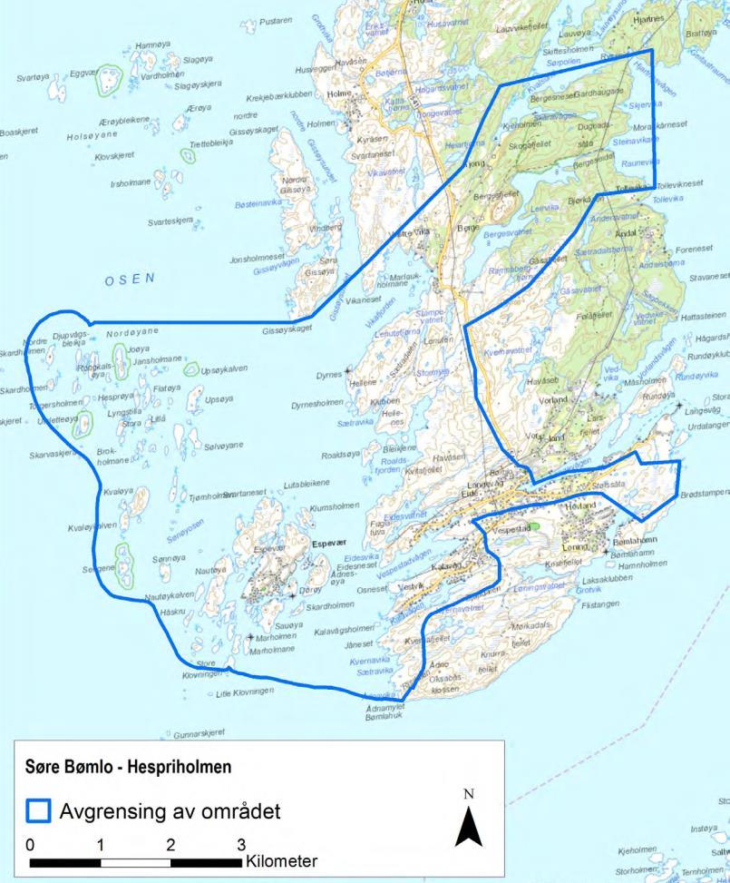 Kart 15 «Søre Bømlo Hespriholmen». Avgrensing av området som er identifisert som kulturhistorisk landskap av nasjonal interesse i Hordaland, jf.