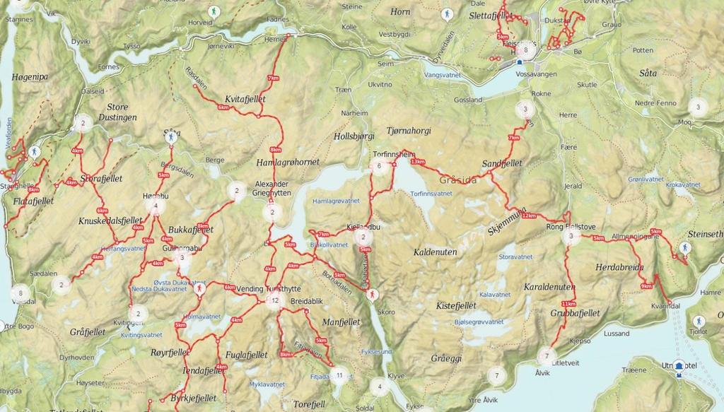 Kart 18 Samanhengande hytte- og rutenett i Bergsdals-, Vaksdals-, Samnanger-, Kvamma-, Vosse- og Granvinsfjella. Analyseområde 17. Kvamskogen. Området har stor verdi for rekreasjon og friluftsliv.