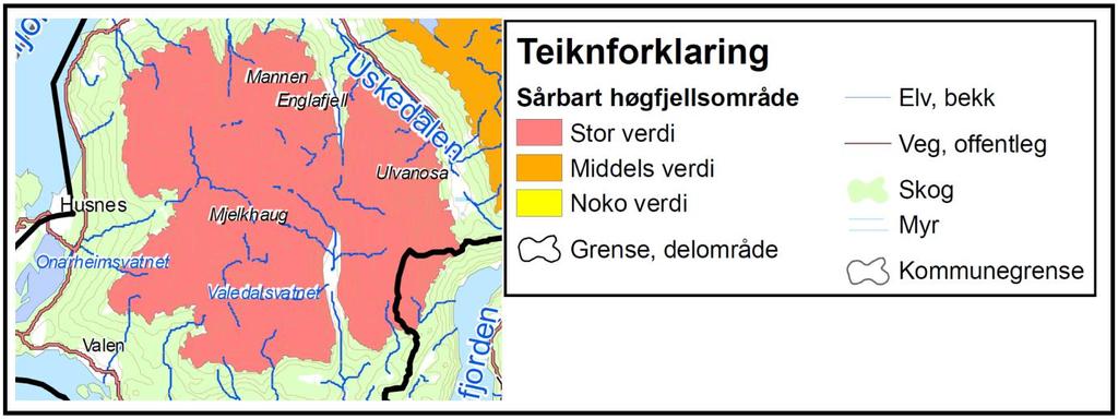 Kart 2 Sårbart høgfjellsområde i Husnesfjella. (Kjelde: Fylkesdelplan for små vasskraftverk i Hordaland 2009 2021). Større sammenhengende naturområder med urørt preg.