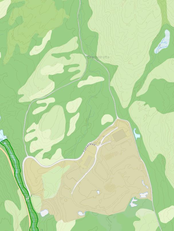 Figur 3: Sagenebekken sørvest for tiltaksområdet er registrert som viktig bekkedrag og viktig gytebekk for sjøørret. Kilde: naturbase.