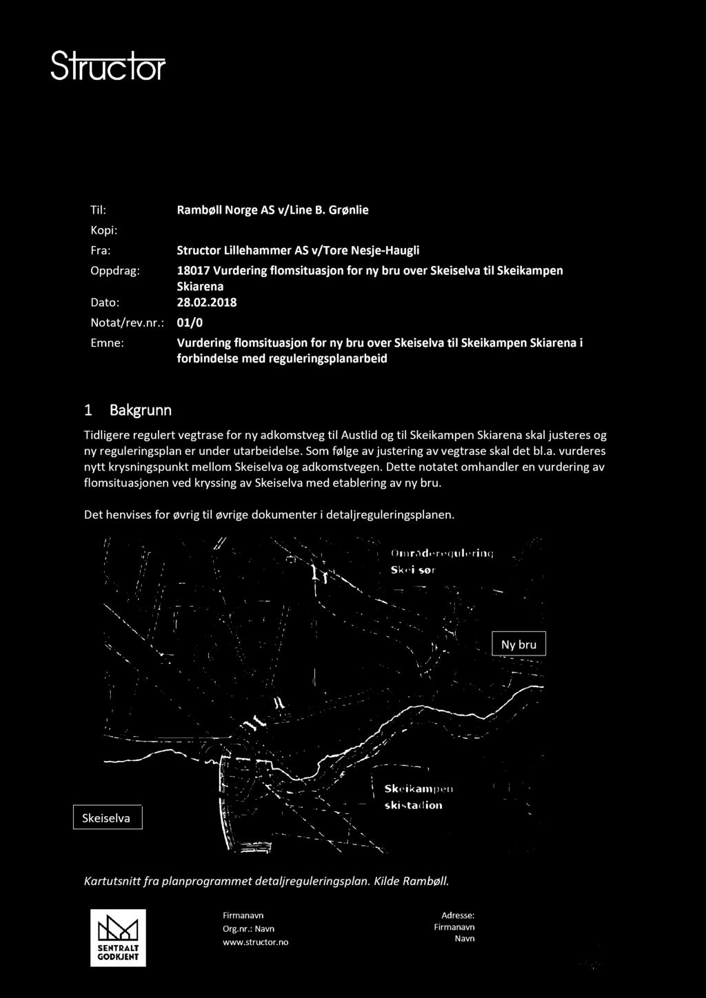 : 01/0 Emne : Vurdering flomsituasjon for ny bru over Skeiselva til Skeikampen Skiarena i forbindelse med reguleringsplanarbeid 1 Bakgrunn Tidligere regulert vegtrase for ny adkomstveg til Austlid og