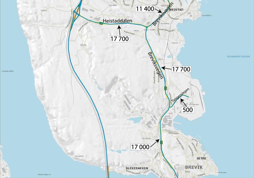 5 Dagens trafikk 5 Dagens trafikk Trafikktall for Breviksvegen og omkringliggende veier er hentet fra Statens vegvesens nasjonale vegdatabank (NVDB), se figur 10.