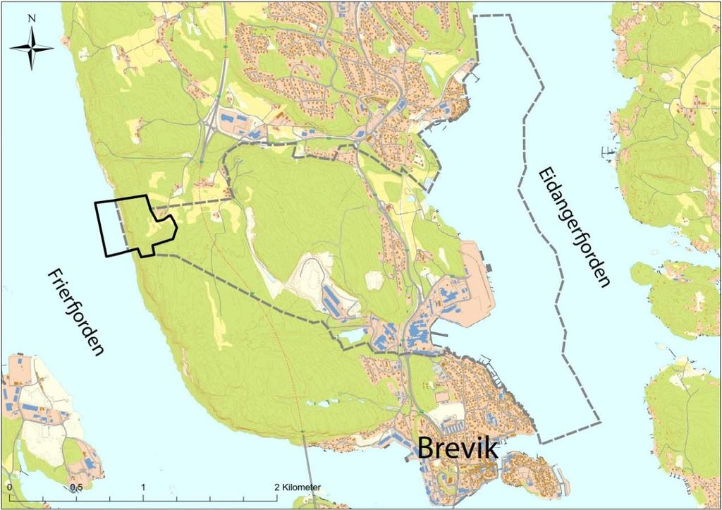 3 Planområdet 3 Planområdet Planområdet over bakken ligger ca. 7,5 km i luftlinje sør for Porsgrunn by og ca. 2 km i luftlinje nordvest for Brevik sentrum.