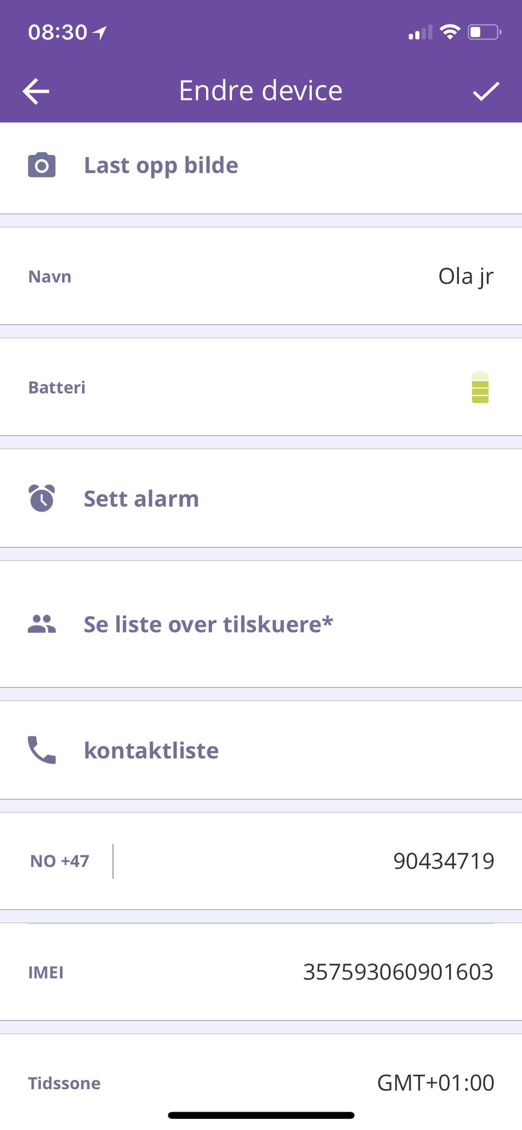 3. Inne på skjermen hvor du kan endre på enheten, kan du sette alarmer, se hvem som har tilgang til din enhet, kontaktliste hvor du ser hvem som kan ringe til klokken og legge til nye nummer på