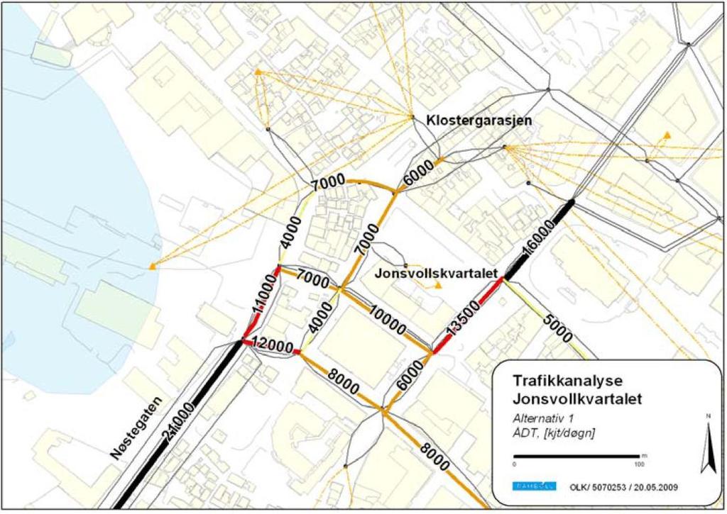 Bergen kommune, Etat for Plan og Geodata Side 16 (38) 7 TRAFIKKFORHOLD I forbindelse med planutredningen for nytt Sparebankbygg i Jonsvollskvartalet ble det foretatt en trafikkanalyse.