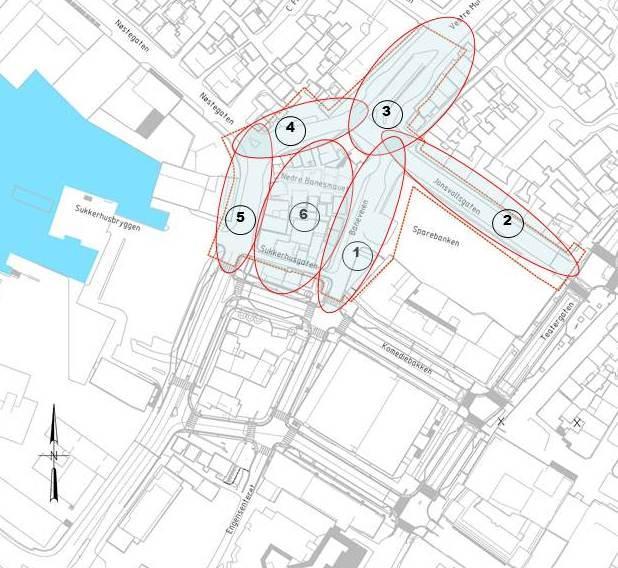 Bergen kommune, Etat for Plan og Geodata Side 6 (38) 2 PLANOMRÅDET Planområdet ligger mellom Puddefjorden og sentrum, i et knutepunkt for gangtrafikk mellom Nøstetorget/ Askøyfergen/TV2/