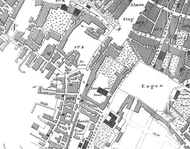 Kartet som viser brannområdet etter bombeeksplosjoner på Nøstet i 1944, viser at en rekke hus i Baneveien og Komediebakken