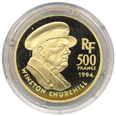 F 244 FRANKRIKE. Franc 1994 Winston Churchill i gull 17 gram 920/1000 i originaleske.