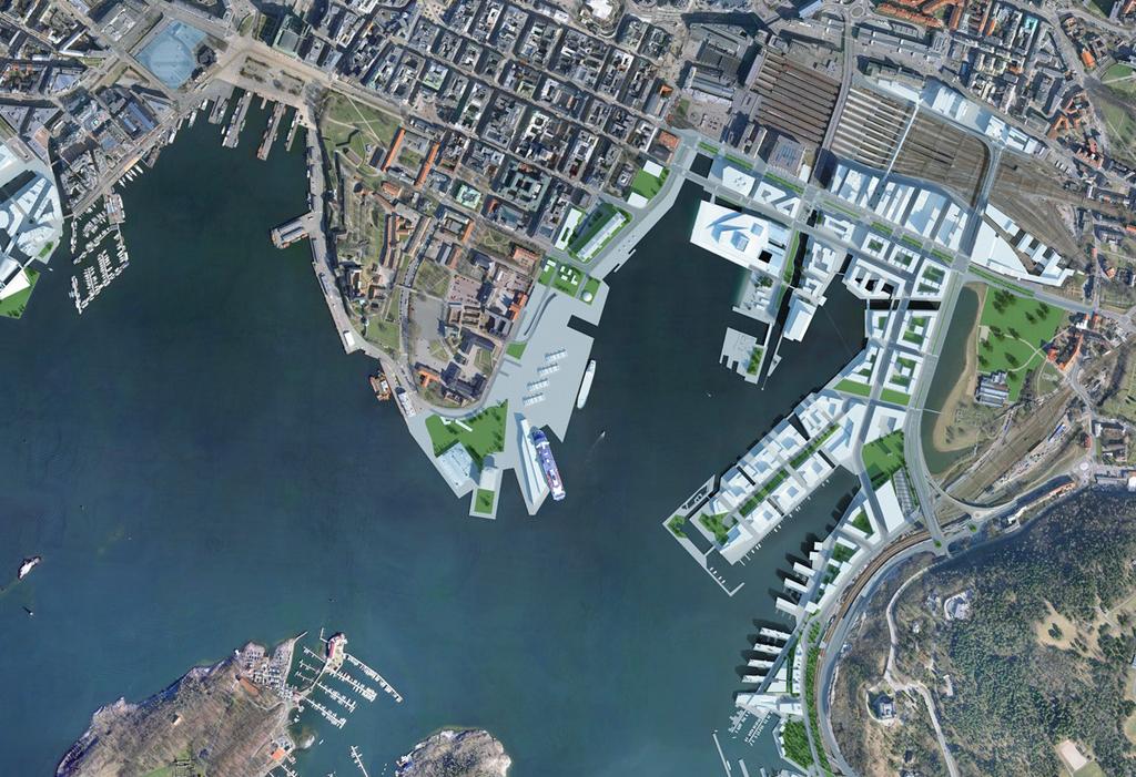 Illustrasjon: Asplan Viak/ViaNova Gjennom nedleggelser av verftsindustri og flytting av den tunge havnevirksomheten er store arealer frigjort til nye formål.