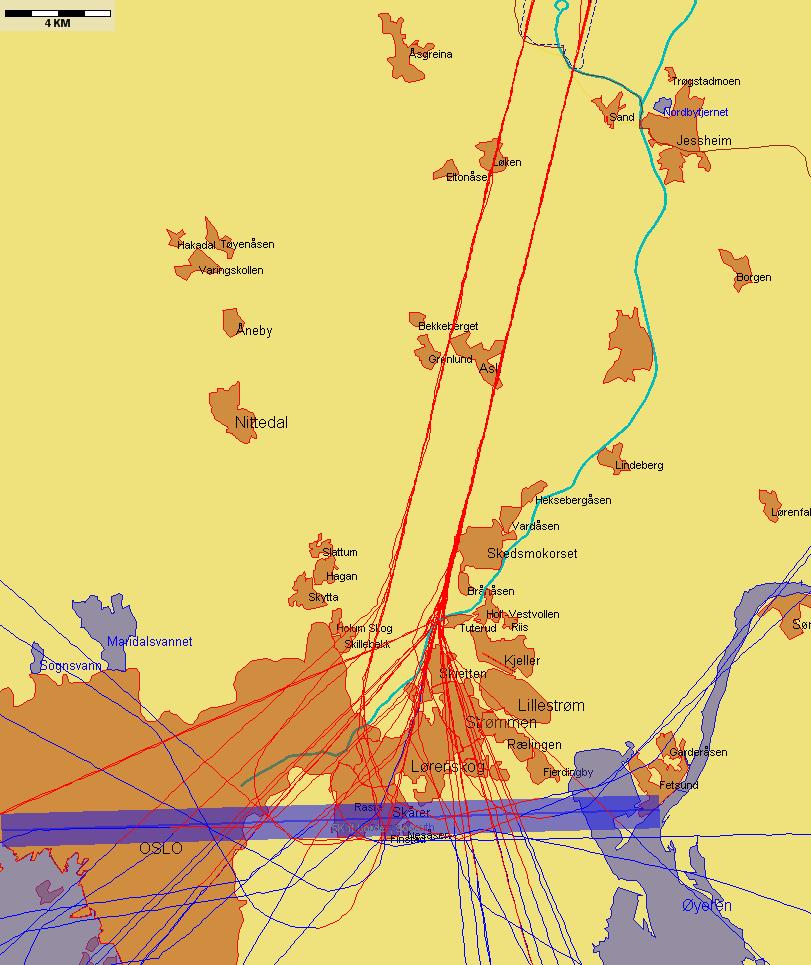 Jetflylandinger fra sør med lav høyde sør for N 59 55 00 Figur 8.