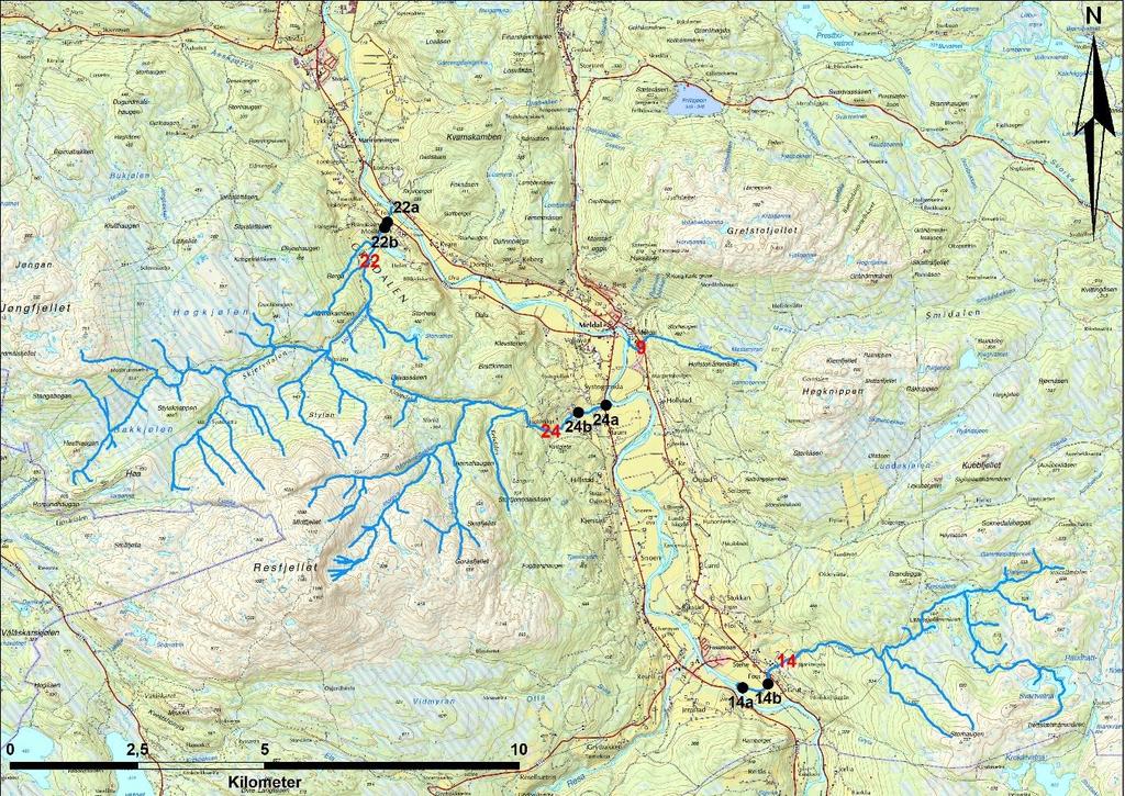5.2 Meldal kommune Figur 3. Kart over undersøkte sidevassdrag med elfiskestasjoner og stasjonsnummer i svart i Meldal kommune i 2017. Røde tall representerer de forskjellige sidevassdragene.