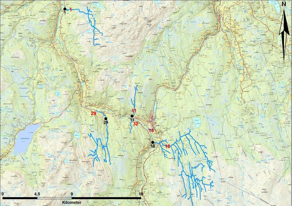 5.3 Rennebu kommune Figur4. Kart over undersøkte sidevassdrag med elfiskestasjoner og stasjonsnummer i svart i Rennebu kommune i 2017. Røde tall representerer de forskjellige sidevassdragene.