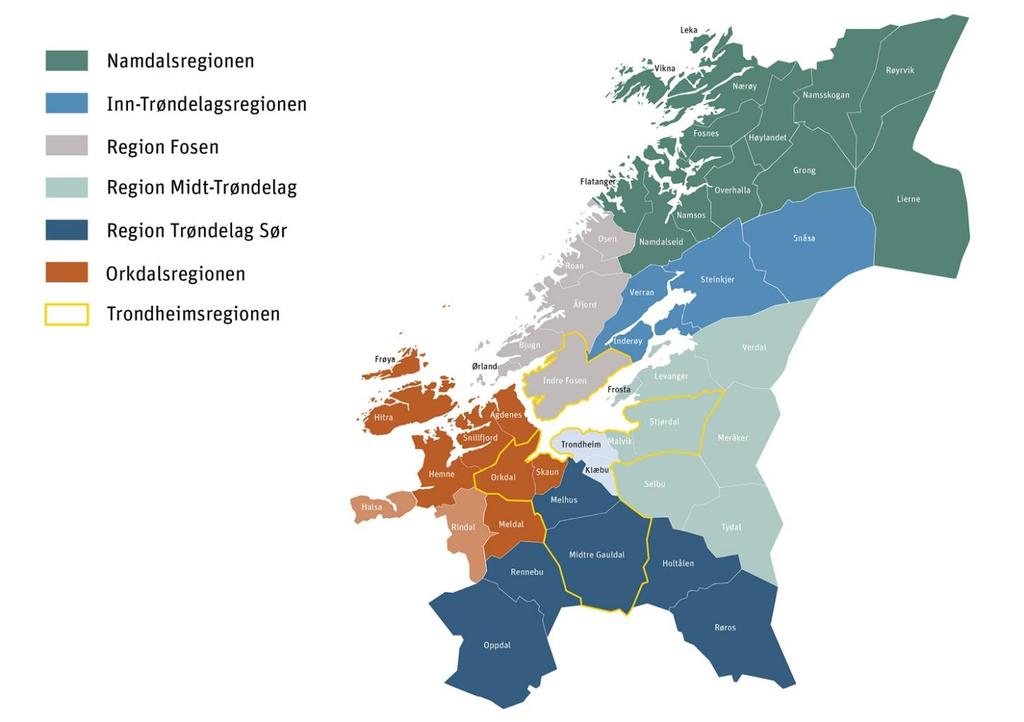 I Forslag til strategi for kollektivtrafikken i Trøndelag er fylket delt inn i områder som underlag for strategier, tiltak og virkemidler, nærmere beskrevet i kapittel 6.