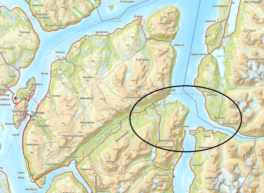 5 Overordnet beskrivelse av landskapet 5.1 Beliggenhet Figur 5-1. www.norgeskart.no Planområdet er beliggende i Tromsø og Lyngen kommune, se også figur 5-2.