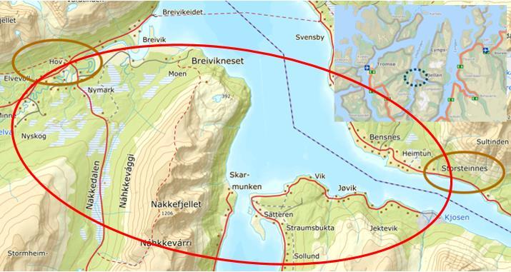 Fig. 5-2 Planområde Sør for Breivikneset deler Ullsfjorden seg i to mindre fjordarmer, Sørfjorden og Kjosen.