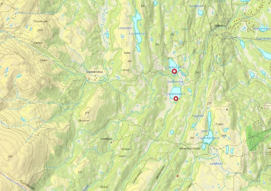 Ljøsbuvatna Innsjønummer (nve) 5998, 6001 Høyde over havet 732, 732 Overflateareal 0,042, 0,051 km 2 Søndre kalka, Norde ikke Ljøsbu et sportsfiskevann med ørret av