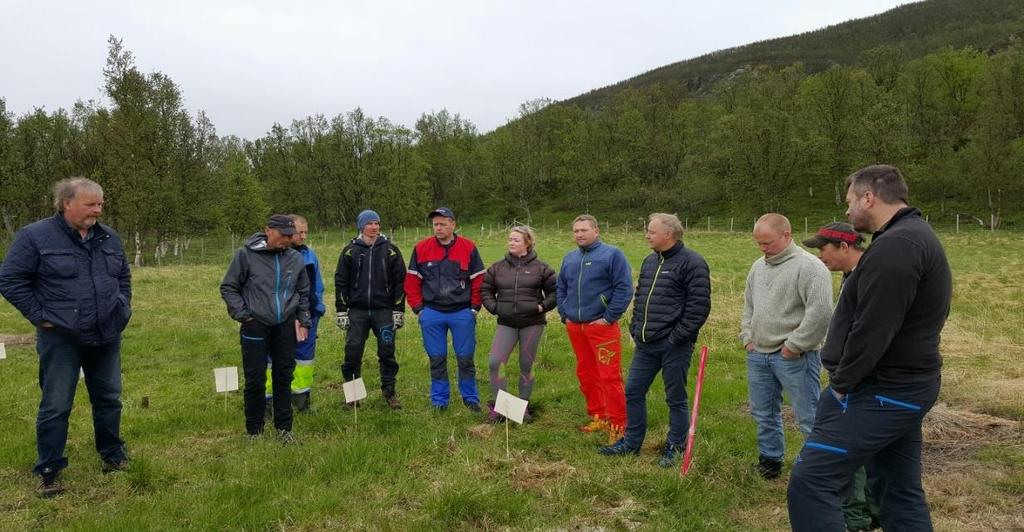 Markdag på Blokkøra i Sør-Lenangen, 16. juni 2017. Rådgiver John Grønås, Landbruk Nord, (nr 2 fra venstre) gir en orientering om de ulike grasartene.