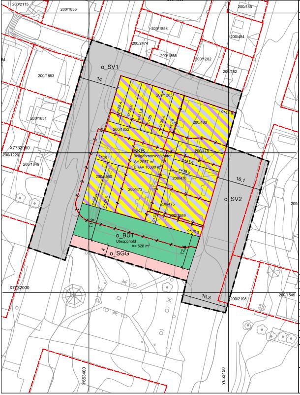 Hensikten med planen er å tilrettelegge for kombinasjonsbebyggelse for bolig, forretning og kontor med parkeringsgarasje.