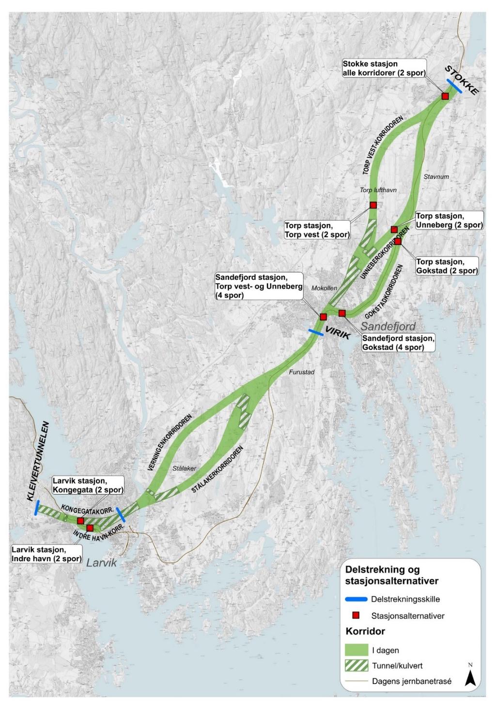 For Indre havn-korridoren skal det vurderes en høy og en lav løsning av stasjonen omtrent på