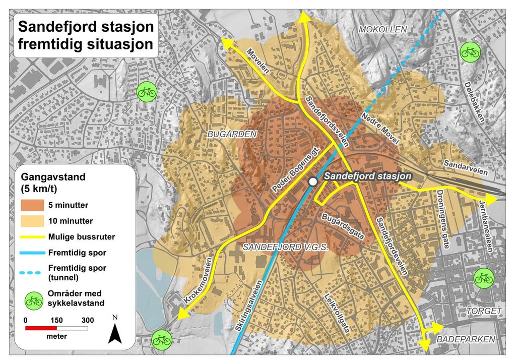 Figur 5-11 Tilgjengelighet til Sandefjord stasjon i Torp vest- og Unnebergkorridoren. 5.4.