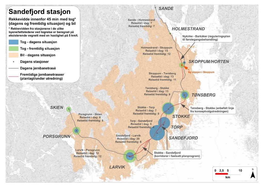 Figur 6-2 Rekkeviddekart for stasjon i Sandefjord. Kartet viser rekkevidde innenfor 45 minutters reisetid med tog og gange, blått markerer dagens situasjon og grønt markerer framtidig situasjon.