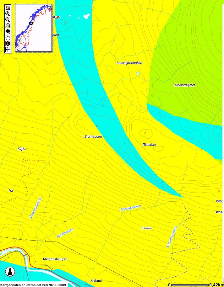 Figur 6 Berggrunnen i selve prosjektområdet (gult område) er tungt forvitrelig og består av kvartsitt, mens de blå områdene er kalkglimmerskifer og kalksilikatgneis som gir bedre betingelser for