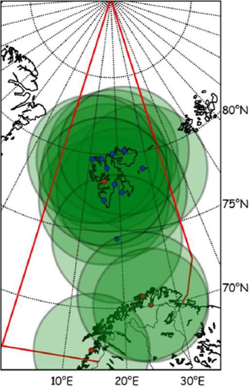 Ref.id.: KS&SMS-3-2.13.8.1-33 Håndbok Side 4 av 9 Figur 2 Rekkevidde for norske redningshelikopter fra deres respektive hjemmebaser i Longyearbyen, Banak, Hammerfest and Bodø (røde prikker).