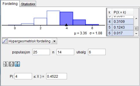 Bruker hypergeometrisk sannsynlighetsfordeling og finner 14 11 3 3 PB 0,3391 25 6 c) Hva er