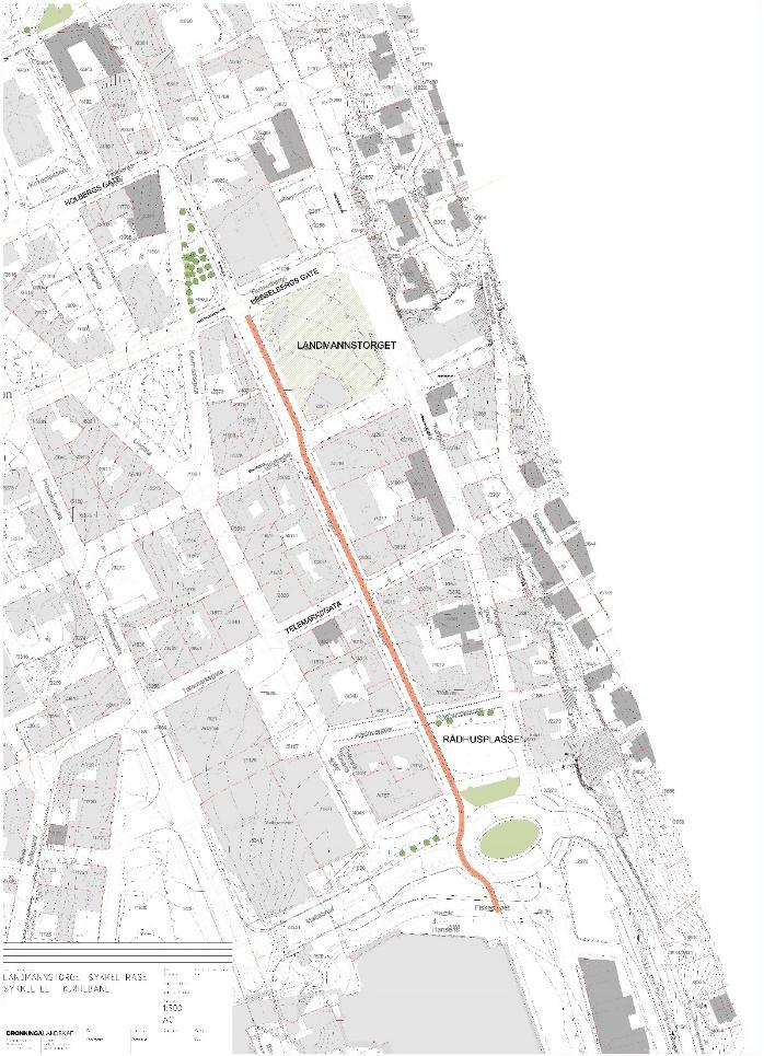 Sykkeltrasèen forbi Landmannstorget er detaljert som en løsning med 1