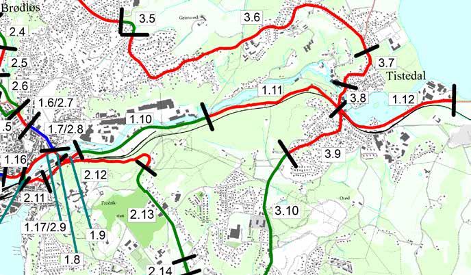 Tilrettelagt Delvis tilrettelagt Ikke tilrettelagt Kryss med tiltaksbehov Kryss uten tiltaksbehov Overgang mellom lenkene Figur 15: Rute 1, del 3 av 4, mellom sentrum og Tistedal Lenke Fra til Vegnr.