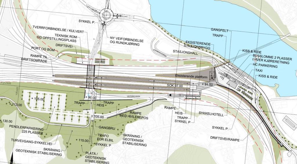 25 av 99 Figur 1-16 Utsnitt av oversiktsplan for mulig løsning ved Hønefoss stasjon. I området for parkering fylles terrenget opp til ca. 8 meter over spor.