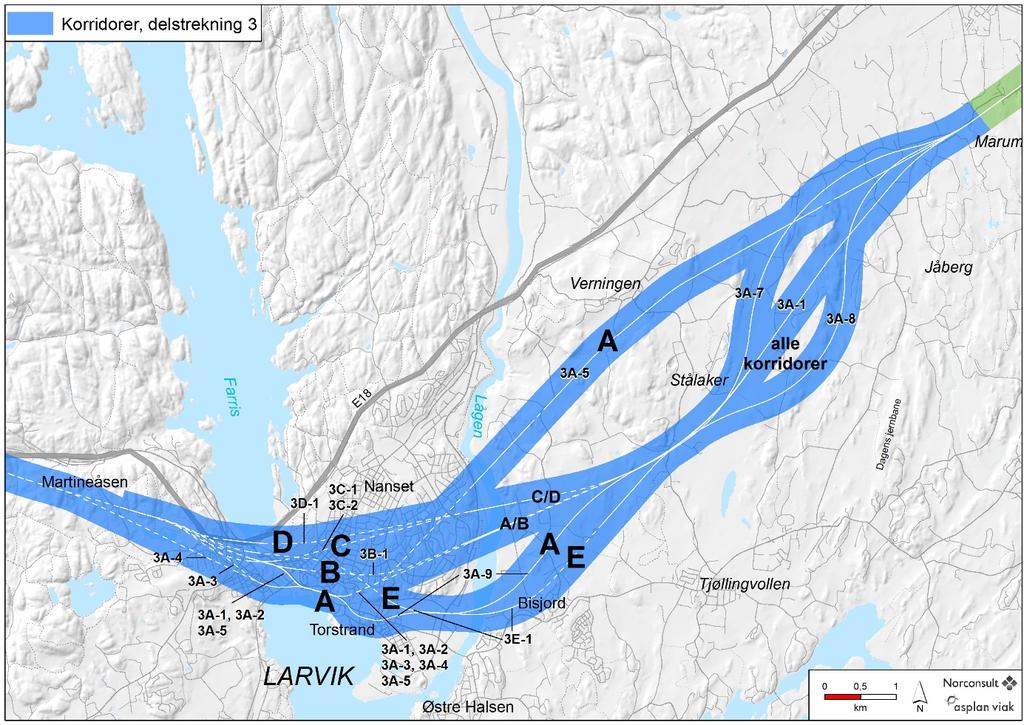 Figur 2-1 Oversikt over vurderte korridorer (A, B, C, D og E) og alternativer ( 3A-1, 3A-2 osv.