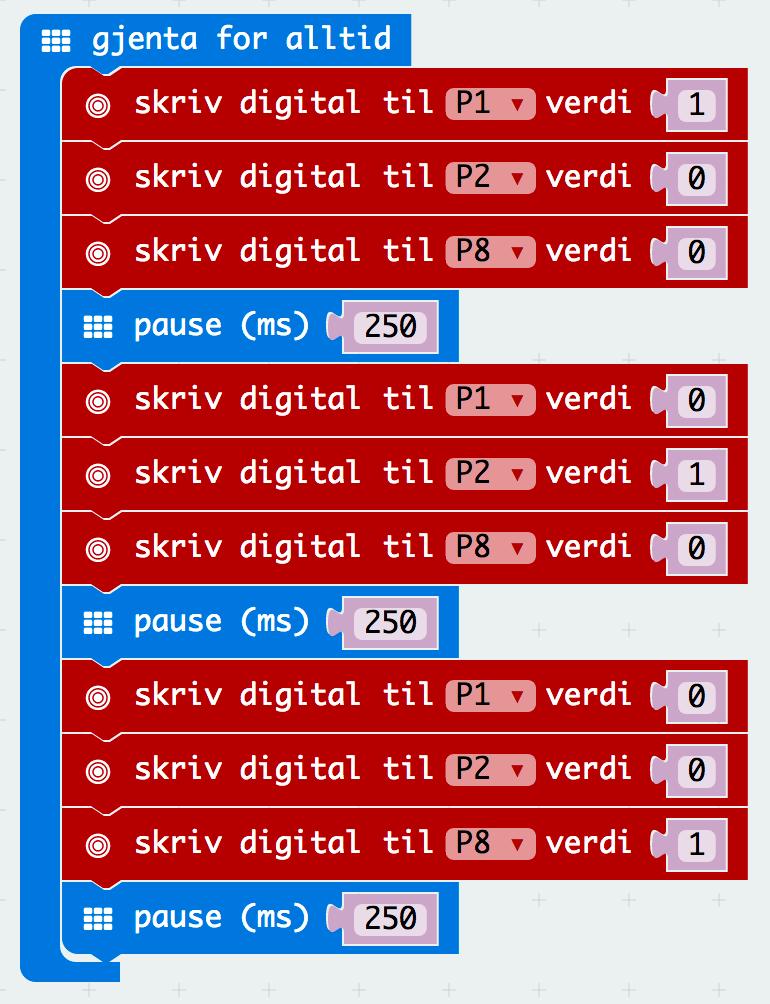 Pin P1 Pin P2 Pin P8 Figur 24 Vi flytter pinnene til lysdiodene Når vi har flyttet på ledningene som går til tilkoblingsenheten, skal vi oppdatere programmet vårt litt slik at programmet vårt også