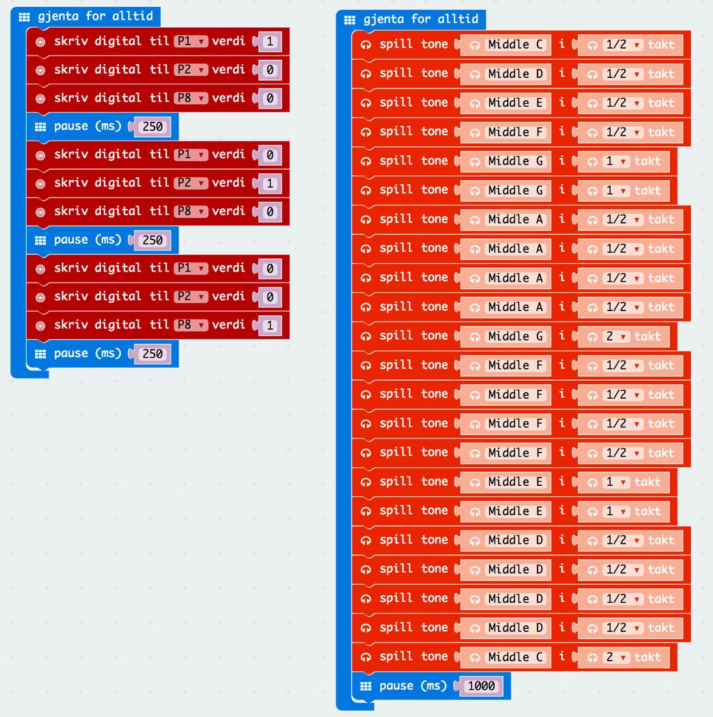 Få micro:bit til å spille notene i Lisa gikk til skolen mens løpelyset løper!