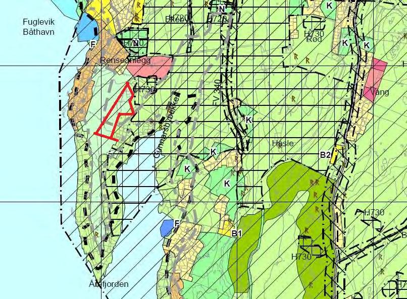 Illustrasjon 3: Någjeldende kommuneplan. Grå stiplede linjer viser 100 m-grensen respektive strandsonegrensen.