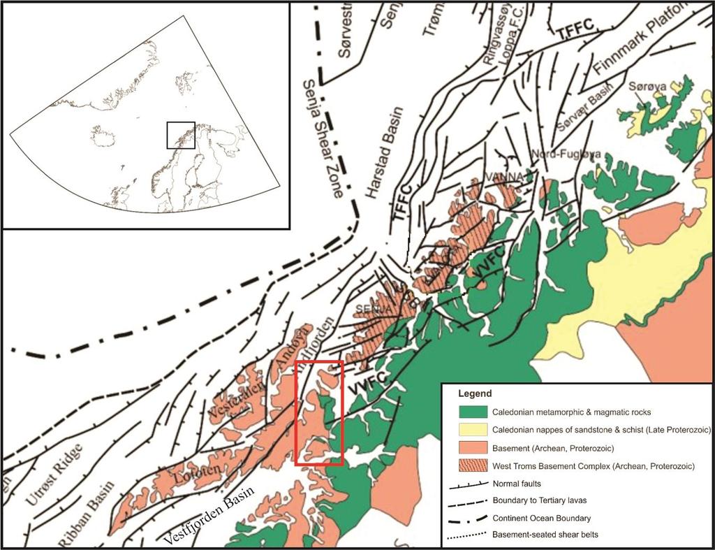 1.3.2 Post-kaledonsk tektonikk: utviklingen av en passiv kontinentalmargin I kystnære områder fra Lofoten i sør til Senja i nord (Figur 3) er lineære tektoniske elementer godt nylig på flybilder og