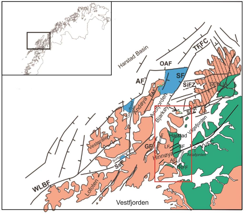 Figur 4: Forenklet geologisk og strukturelt kart over Lofoten, Vesterålen, Harstad og Senja.