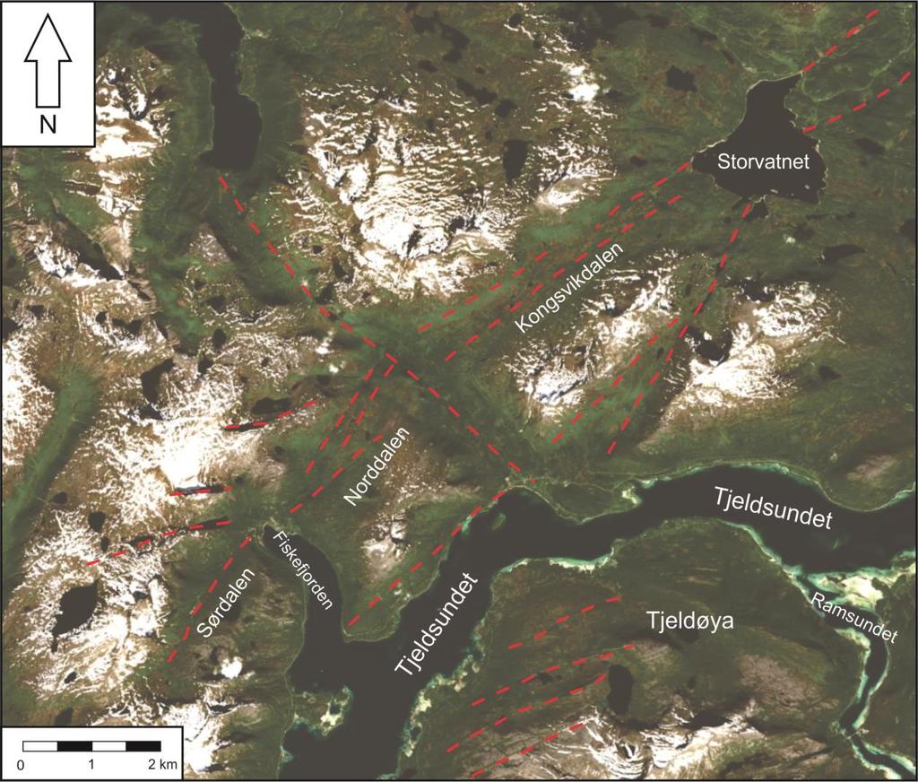 2.2.2 Fiskefjordlineamentet Fiskefjordlineamentet er fellesbetegnelsen for et større tolket lineament som strekker seg fra Sørdalen i sørvest, gjennom Norddalen og Kongsvikdalen, til Storvatnet i