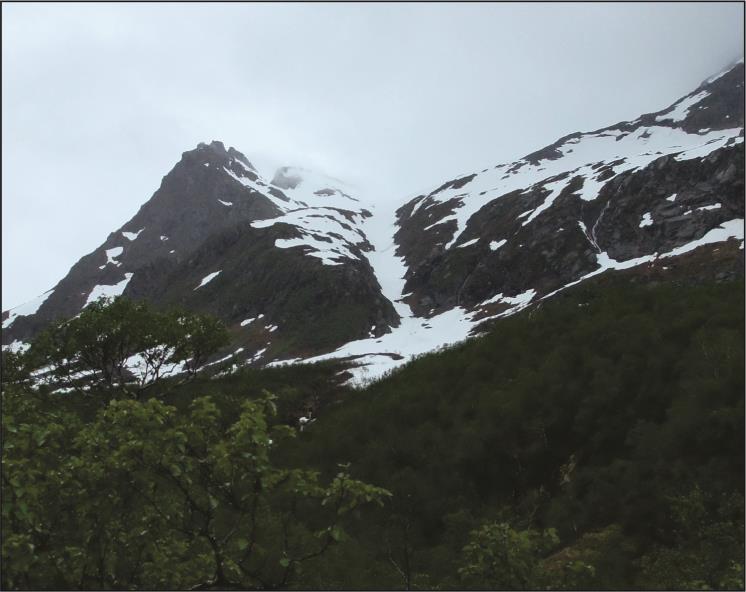 Skaret og elvekløften langs bunnen av Sørdalen (Figur 31) inneholder Figur 32: NØ-SV strykende skar/lineament som opptrer i den vestlige fjellsiden av Sørdalen (se det vestligste røde punktet i Figur