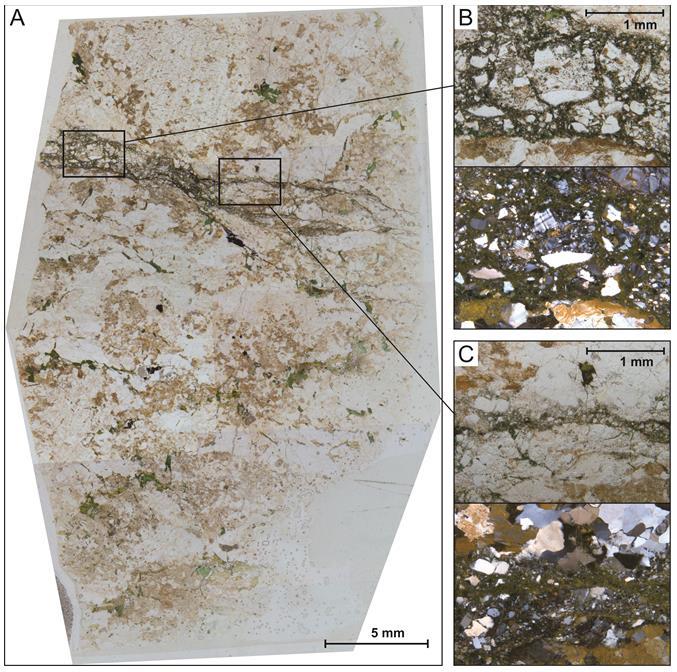 Beskrivelser av sprø forkastningsbergarter Bergartsprøver fra oppknuste granitter (Figur 35) ble samlet inn med hensikt å påvise eventuelle kataklastiske teksturer og knusningsbergarter (se