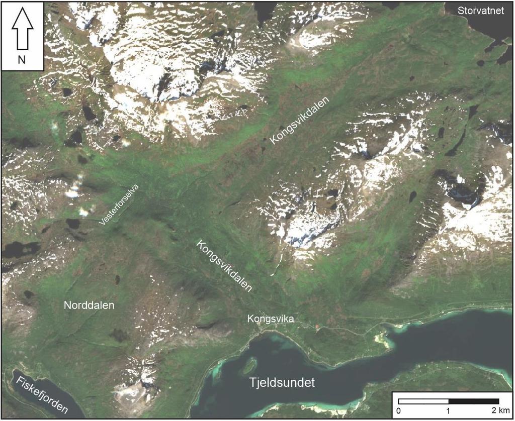2.2.2.3 Kongsvikdalen Kongsvikdalen er den tredje lokaliteten langs Fiskefjordlineamentet, sett sør fra (Figur 30, kap. 2.2.2). Kongsvikdalen går fra Kongsvik i Tjeldsundet i nordvestlig retning.