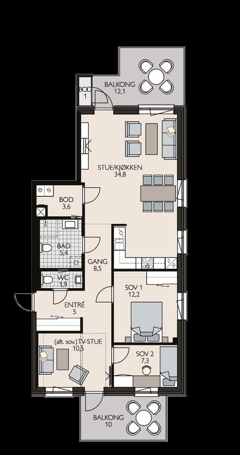 LEILIGHETER BYGG 9 3(4)roms 92,5 m2 BRA 2 balkonger, en med bod Lysinnfall fra to sider i stue Stue med spiseplass og åpen