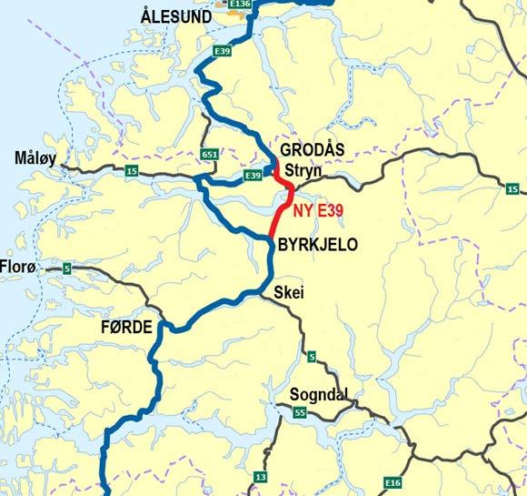 E39 Byrkjelo - Grodås Oppdraget er kommunedelplan med konsekvensanalyse Regjeringa vedtok i 2014 «KVU Skei Ålesund» = indre