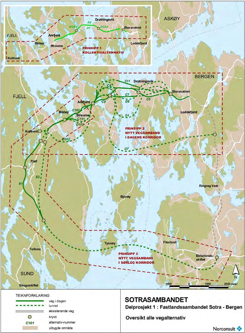 1.2 Plan og influensområdet 1.2.1 Fastlandssambandet Sotra Bergen Planområdet for konsekvensutreiinga er vist på figuren under.