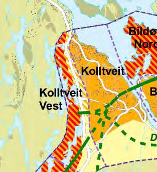 2.12a: Grunnlag og registrering Kolltveit aust Figur 2.2.12b:Verdikart Kolltveit aust Omfang og konsekvens Alle alternativ med unntak av E1 og E2 har ei form for kryss i dette området, som vert omfattande i storleik.