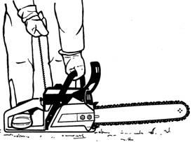 Oppstart av motor / stansing av motor 8.2 Motorstart Overhold sikkerhetsforskriftene når du starter motoren. Fig. 8 (skjematisk fremstilling) Ta av kjedebeskyttelsen før du starter motoren.