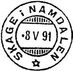 SKAGE I NAMDALEN SKAGE poståpneri opprettet fra 01.01.1879. Navneendring til SKAGE I NAMDALEN fra 01.07.1891. Underpostkontor fra 01.11.1973, postkontor C fra 01.01.1977.