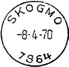 Brevhuset omgjort til poståpneri fra 01.10.1956. Underpostkontor fra ca. 1973/74, senere status som postkontor C. Postkontoret 7864 SKOGMO ble nedlagt 30.09.1997 Stempel nr.