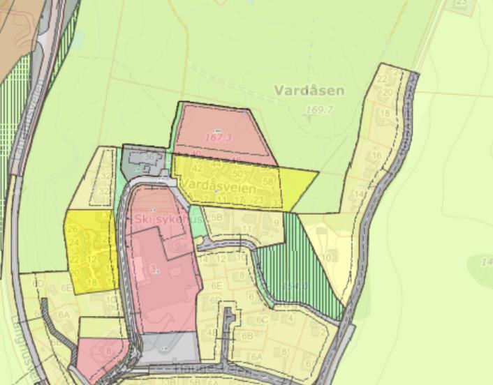Barnehageformålet er flyttet litt lenger øst på planområdet hvor det i dag er ubebygget skogsterreng. Figur 7 Arealbruk på Vardåsen 3.