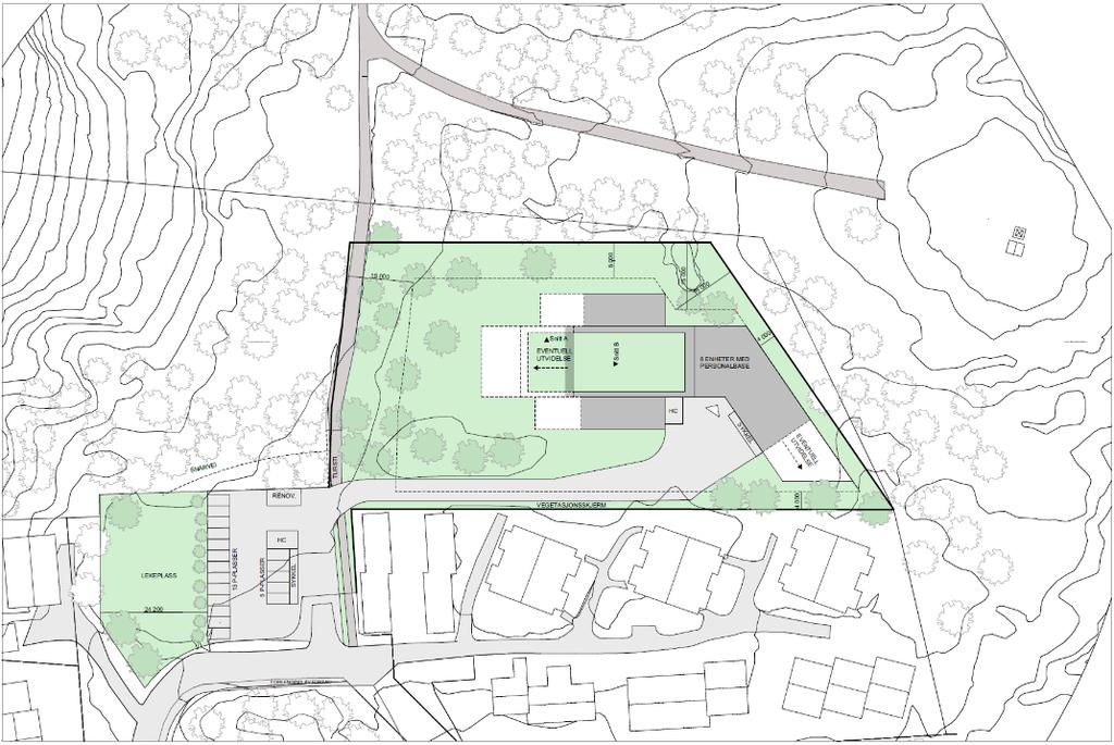 Figur 18 Situasjonsplan skisseprosjekt (grå farge viser botilbud med planlagte 8 boenheter, hvit farge viser ev. fremtidig utvidelse) Vi foreslår å endre utnyttelsesgrad fra 30% BYA til 25% BYA.